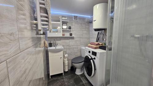 a small bathroom with a toilet and a sink at Studio w kamieniczce in Konstantynów Łódzki
