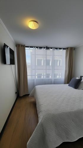 a bedroom with a white bed and a television at Apartments Bellas Artes in Santiago