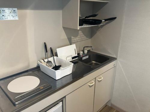a small kitchen with a sink and a counter at セントロ大隅ホテルオオサキ in Kanoya