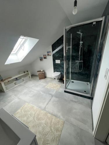 a bathroom with a glass shower and a toilet at Ferienwohnung Emerson in Edemissen