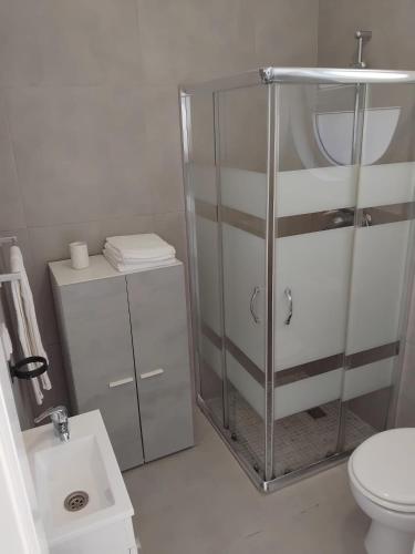 a bathroom with a shower and a toilet and a sink at Cozy Burgau in Burgau