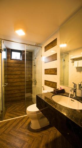 a bathroom with a toilet and a sink and a shower at Moon Luxury Hotel in Hanoi