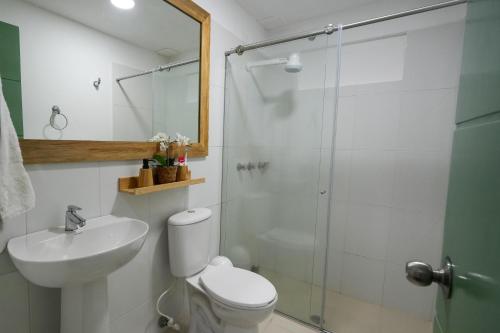 a bathroom with a shower and a toilet and a sink at Alma Terra Campestre in Ginebra