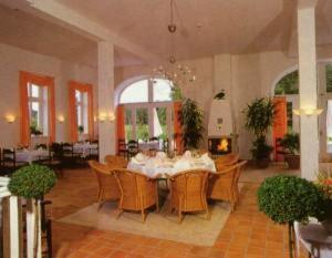 une salle à manger avec une table, des chaises et une cheminée dans l'établissement Golfhotel Blaue Ente, à Warendorf