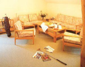 sala de estar con sofás, mesa y sillas en Golfhotel Blaue Ente, en Warendorf