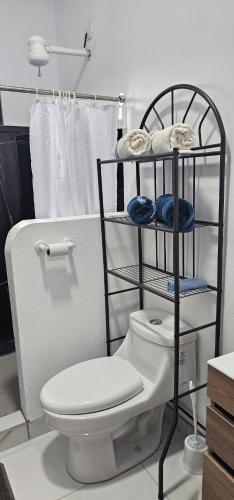 a bathroom with a toilet and a rack with towels at Apartment Torres in Manuel Antonio
