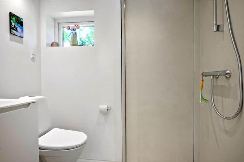 a bathroom with a shower and a toilet at 30490-Saksild-Praesteager-221 in Saksild