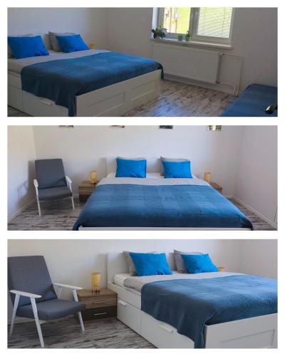 two pictures of a bedroom with two beds and a chair at Villa Ondruš in Vernár