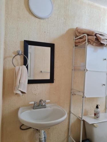 a bathroom with a sink and a mirror and a shelf at Full Apartment Teotihuacan Centro in San Juan Teotihuacán