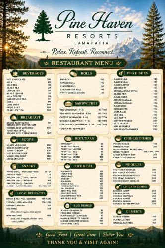 a menu for a pine tavern restaurant in the mountains at Pine Haven Resorts in Takdāh