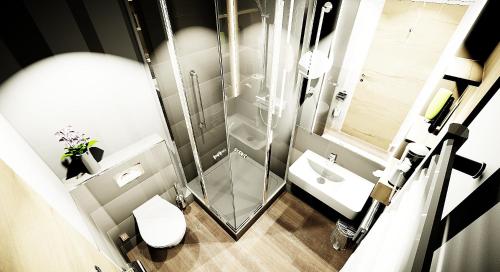 ein Bad mit einer Dusche, einem WC und einem Waschbecken in der Unterkunft Landgasthaus Fischer in Bad Nenndorf
