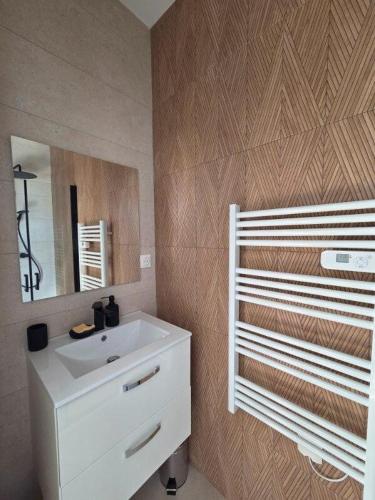 a bathroom with a white sink and a mirror at Bleu d'Aubrac Climatisé in Marvejols