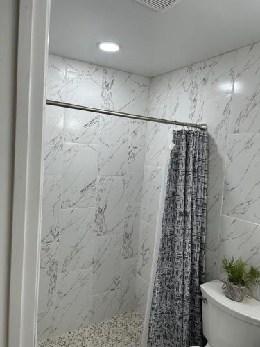 a bathroom with a shower curtain and a toilet at Brisa Marina Suites in New Port Richey