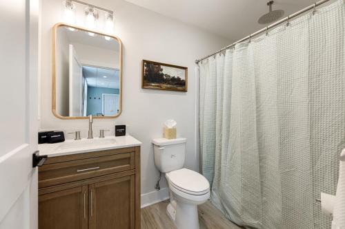 a bathroom with a toilet and a sink and a mirror at Timberline Flats in Traverse City