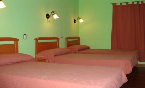 three beds in a room with green walls at Albergue Aurora Boreal in Casas del Monte