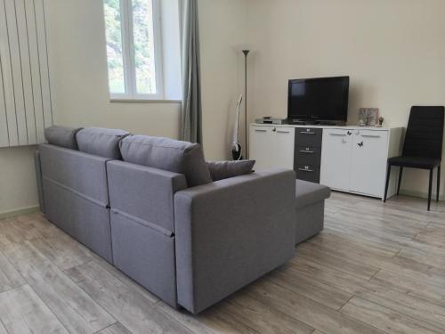 a living room with a couch and a television at Gîte Le 500 in Mayres