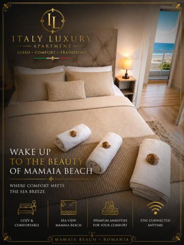 a poster of a hotel room with a bed with towels at Italy Luxury Apartment front of the sea in Mamaia Sat/Năvodari