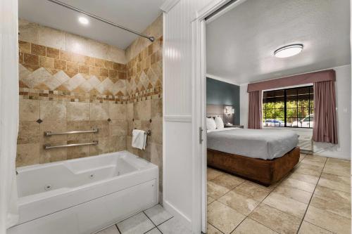 a bedroom with a bed and a tub in a room at Econo Lodge Inn & Suites Heavenly Village Area in South Lake Tahoe