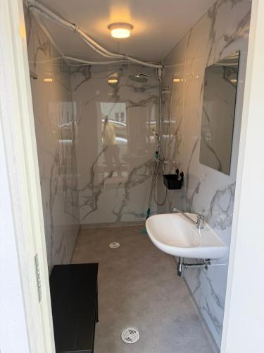 a bathroom with a white sink and a shower at Teemeistri Camp in Tõrva
