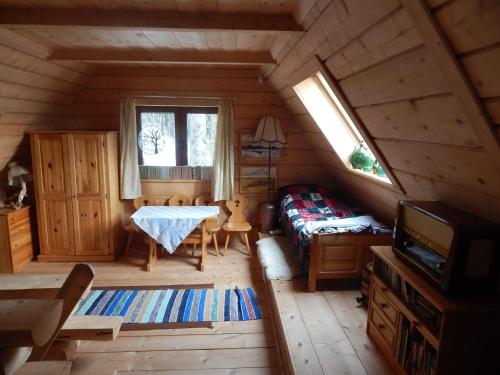 a room with a bed and a table in a cabin at Chata Stacha in Zakopane