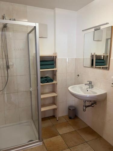 a bathroom with a shower and a sink at Familie Jäger in Innerbraz