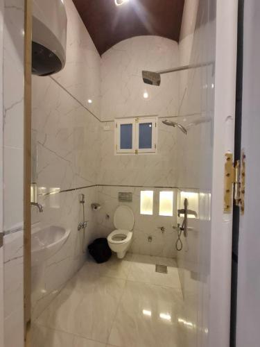 a white bathroom with a toilet and a sink at Nefertiti Guest House in ‘Ezbet Abu Ḥabashi