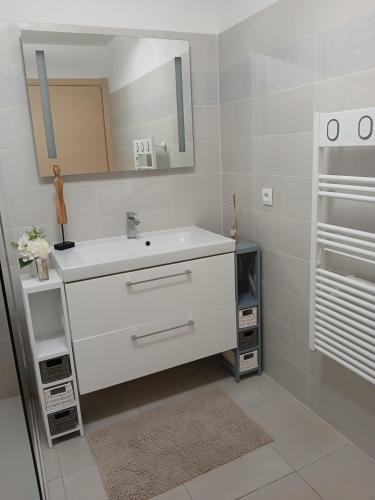 a bathroom with a white sink and a mirror at la mer la corse in San-Nicolao