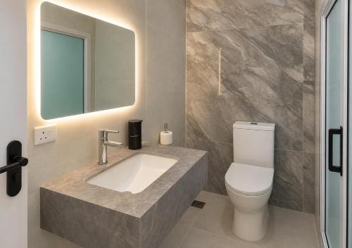 a bathroom with a sink and a toilet and a mirror at Gracious Haven - Fully Equipped Rooftop with private terrace house in Saint-Pierre, Moka in Moka