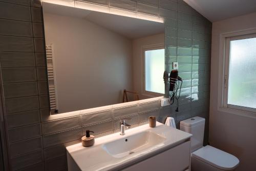 a bathroom with a sink and a mirror and a toilet at La Marisol Ribeira in Ribeira