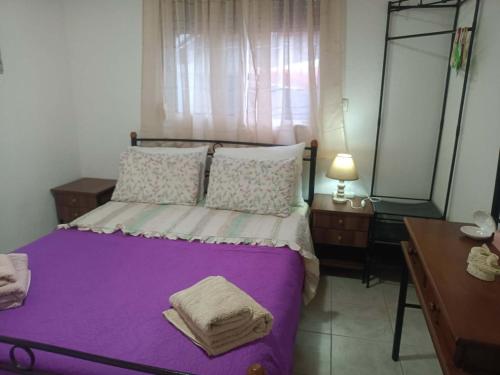 a bedroom with a purple bed with a desk and a mirror at Alexia's House in Leptokarya