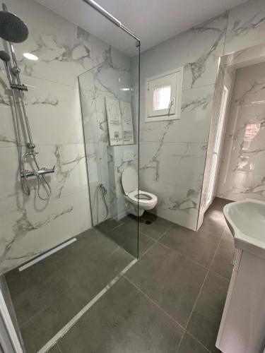 a bathroom with a shower and a toilet and a sink at Sunset Apartment A-3 in Perea