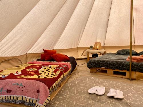 a bedroom with two beds and a tent at Bikes Beers Bed and Breakfast in Brosna