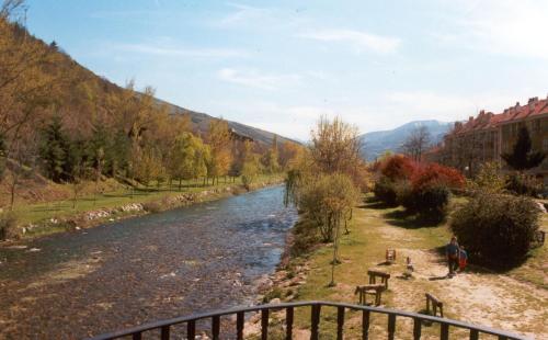 a person standing on a bridge over a river at La Cuculla in Ezcaray