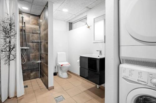 a bathroom with a shower and a sink and a toilet at 4231-Stege-Nymarksvej-21 in Stege