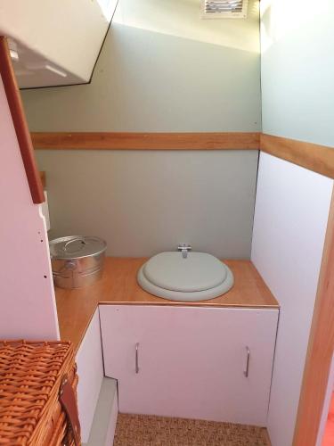 a small bathroom with a sink in a room at Bateau Gîte in Berné