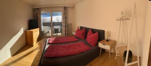 a bedroom with a couch with red pillows and a window at Ferienwohnung Wieser in Sankt Jakob in Haus