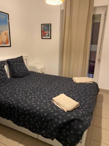a bedroom with a bed with a black comforter at Dax Fontaine Chaude Center in Dax