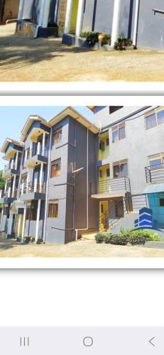 two pictures of a building with a wind turbine at Vine Vale in Kampala