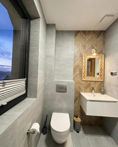 a bathroom with a toilet and a sink at Domki Tomanova - Premium Chalets in Dzianisz