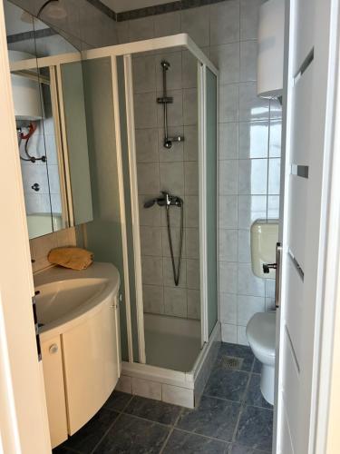 a bathroom with a shower and a sink and a toilet at Apartments Peace&Love in Baška