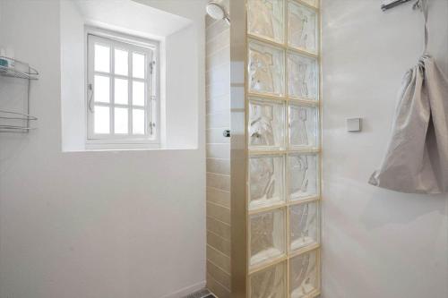 a shower with a glass block wall in a bathroom at 4263-Stege-Mollebrondstraede-13 in Stege