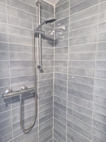 a shower in a bathroom with gray tiles at The old B&B in Killucan