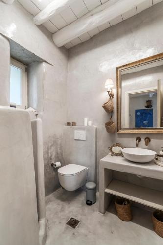 a bathroom with a sink and a toilet and a mirror at Nest Gateway - Panoramic Mountain Views in Apoíkia