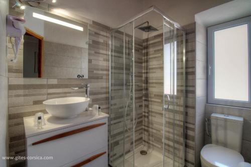 a bathroom with a sink and a glass shower at U san larenzu in Aullène