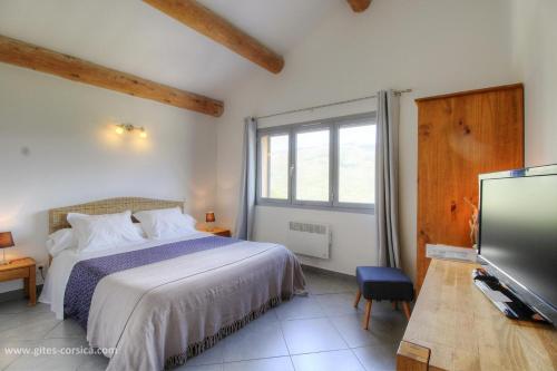 a bedroom with a bed and a flat screen tv at Villa cardellini in Aullène