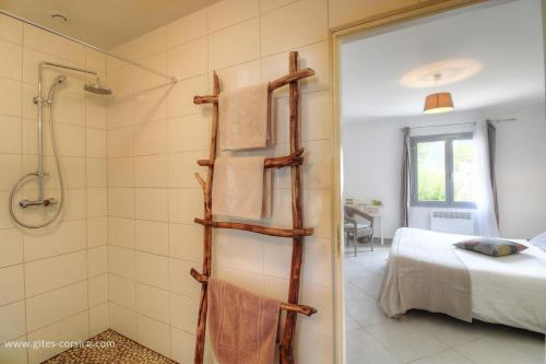 a bathroom with a shower and a towel rack at Villa cardellini in Aullène