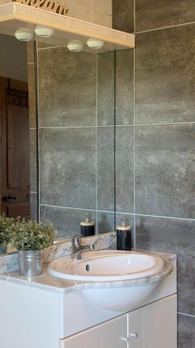 a bathroom with a sink and a wall at La Montagne in Tournus