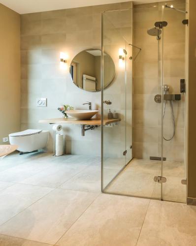 a bathroom with a glass shower and a sink at Elbblick Premium-Apartment zentral in Dresden in Dresden