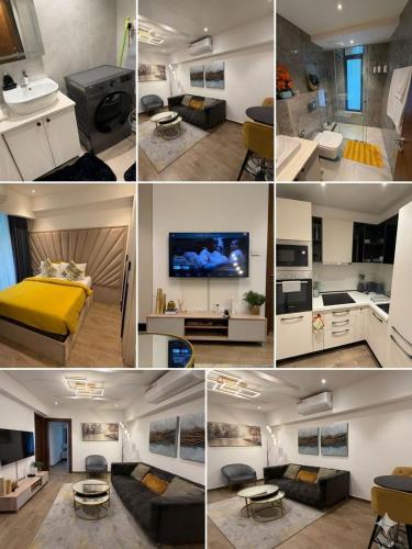 a collage of photos of a living room and a kitchen at Solaris in Christiansborg