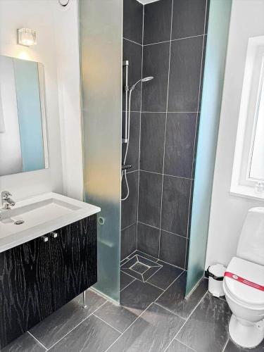 a bathroom with a shower and a sink and a toilet at 0385-Romo-Hollaenderstraedet-42 in Høm